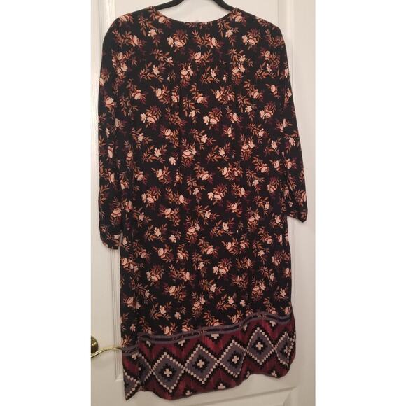 Beach Lunch Lounge Dress Black Floral Knee Length Boho Peasant Prairie Sz L - Picture 2 of 12